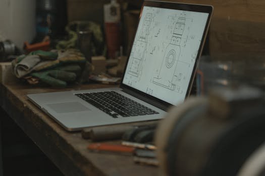 Laptop showing a technical drawing, surrounded by tools and gloves in a workshop setting.